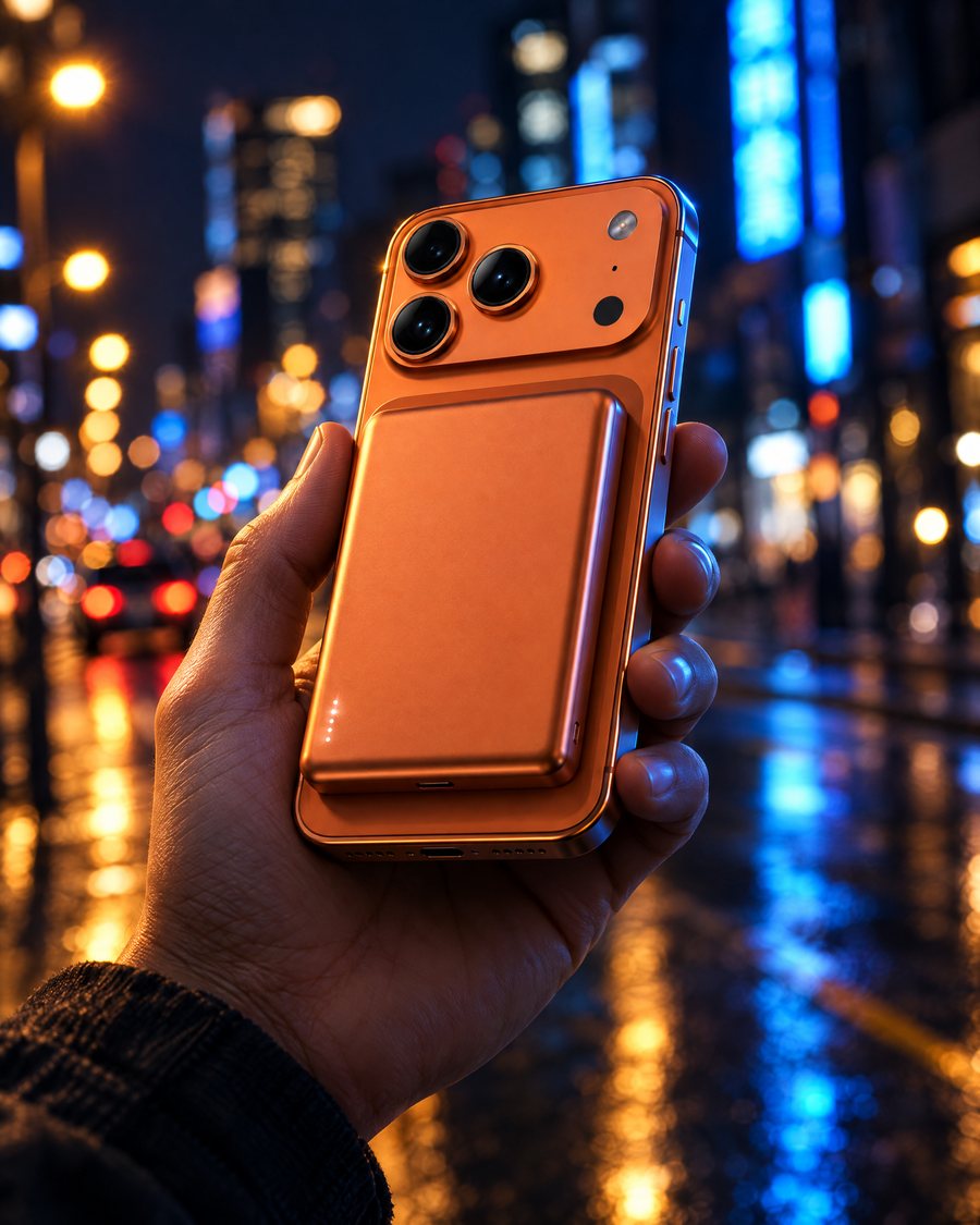 VOLTIQ MAG magnetisch am Smartphone bei Nacht in der Stadt